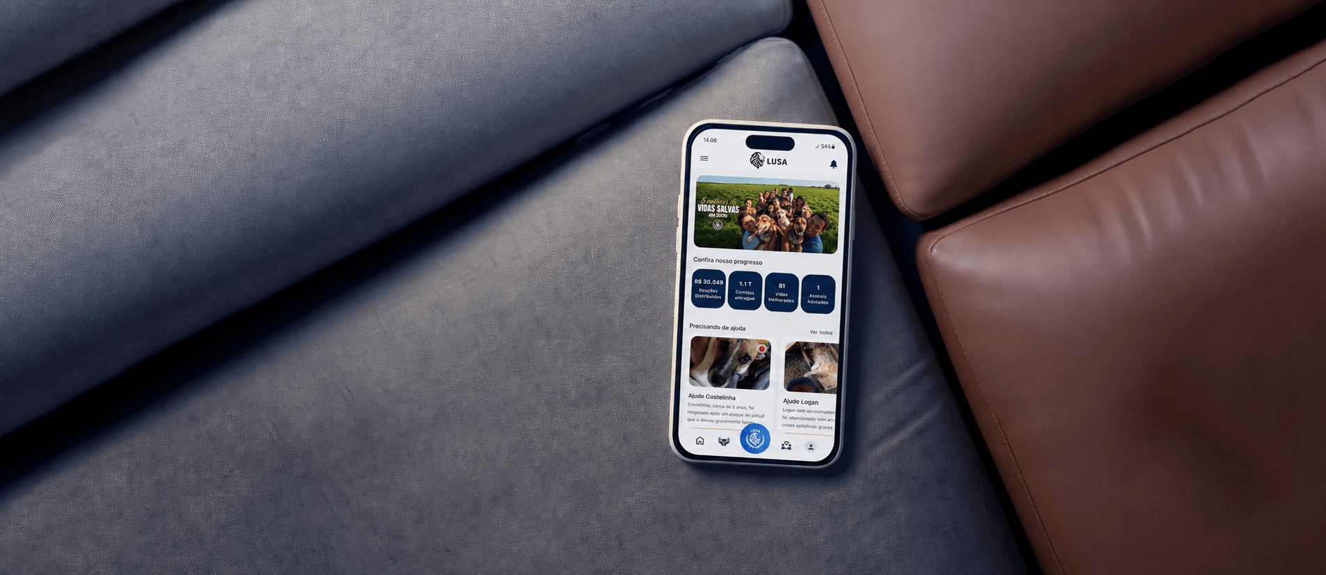Smartphone showing the LUSA app on a leather sofa