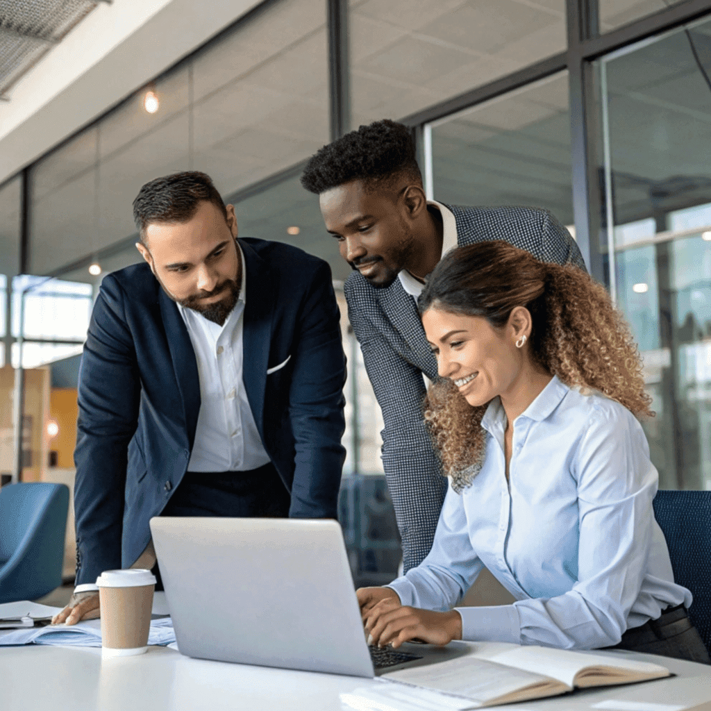 Business team reviewing results on a laptop