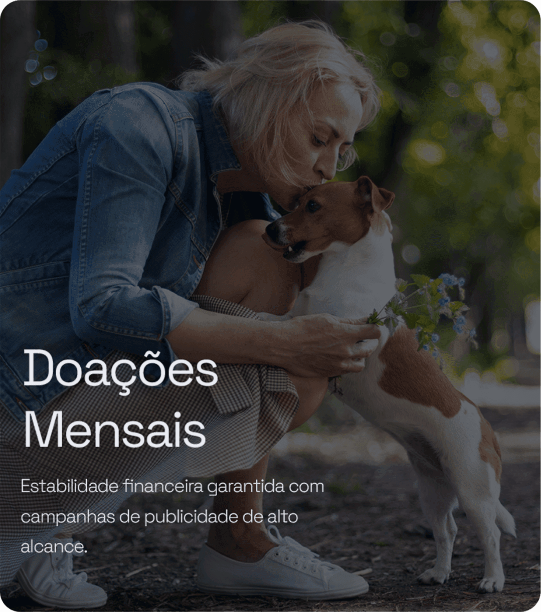 Monthly Donations — guaranteed financial stability through high-reach advertising campaigns. A woman crouching down to kiss a dog in a square.