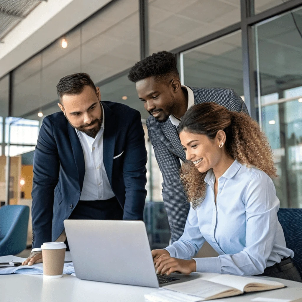Equipe de negócios analisando resultados em um notebook